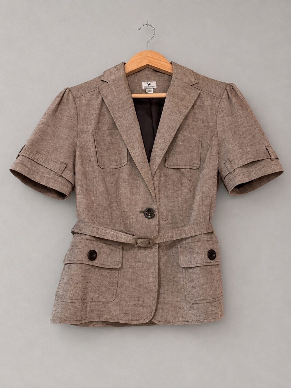 Worthington Women’s Medium Taupe Brown Cotton Linen Belted Utility Blazer Jack